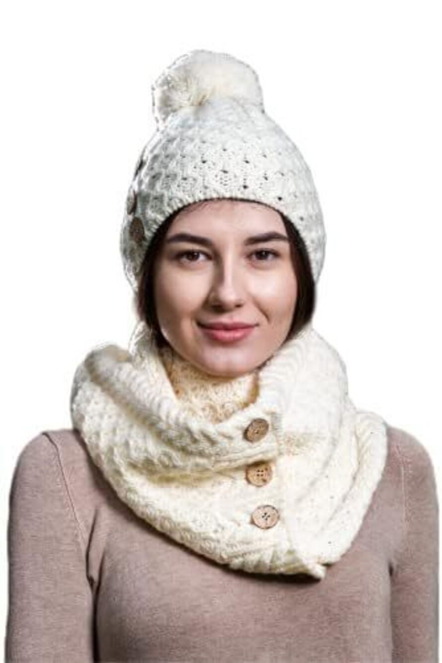 5519 100% Merino Wool Button Pom-Pom Hat Made in Ireland One Size,Natural